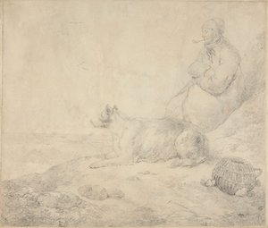 Visser en hond zittend aan de kust door George Morland