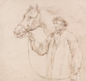 Man die paard bij het hoofdstel houdt