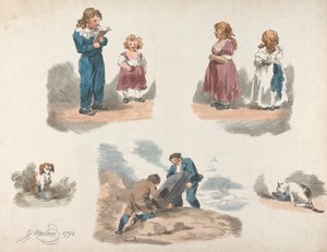 Set van Vijf: Studies van Kinderen, een Hond, een Kat, enz. door George Morland