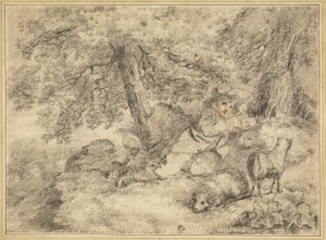 Herdersjongen met lammeren in het bos door George Morland