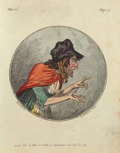 Cartoon van een oude vrouw, geëtst door Isaac Cruikshank