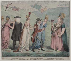 Moeder Windsor met vier van haar courtisanes, beveelt haar meisjes om de bisschop van Durham en de hertog van Queensbury te arresteren, 1798 door George Moutard Woodward
