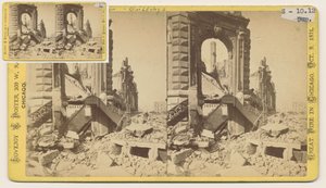 Stereofoto van het Bryan Block op de noordwestelijke hoek van Monroe en LaSalle Streets na de brand van Chicago in 1871, 1871 door George N. Barnard