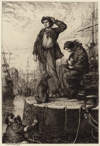 Een jong emigrantengezin wacht bij de dokken door George Percy Jacomb Hood