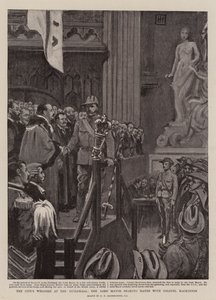 Het Welkom van de Stad in de Guildhall, de Burgemeester schudt Handen met Kolonel Mackinnon door George Percy Jacomb Hood