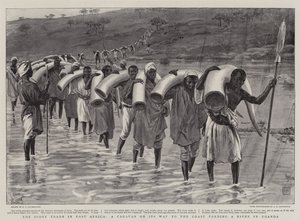 De ivoorhandel in Oost-Afrika, een karavaan op weg naar de kust die een rivier in Oeganda doorwaadt