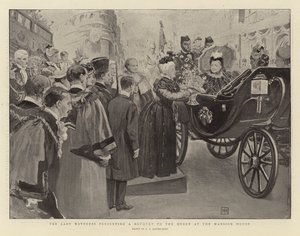 De Lady Mayoress presenteert een boeket aan de koningin in het Mansion House