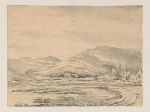 Heuvellandschap met enkele huizen en links een rivier