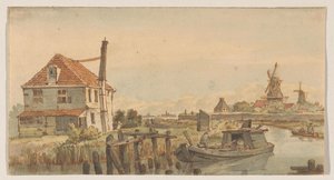 Vaart met een boot, een huis en twee molens