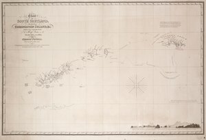 Kaart van Zuid-Shetland inclusief Coronation Island, van de verkenning van de sloep Dove in de jaren 1821 en 1822 door George Powell, commandant van dezelfde