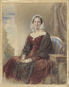 Portret van een zittende dame bij een doorkijk naar buiten door George Richmond