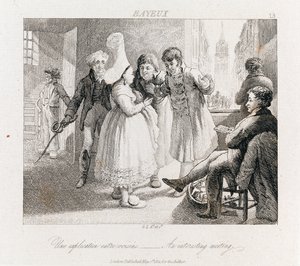 Interessante ontmoeting - Bayeux, c.1821 (ets) door George Robert Lewis