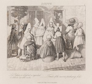 Vrouwen die vis kopen, Dieppe, ca. 1821 (ets)