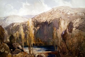 Een rivier die door een rotsachtige kloof stroomt (aquarel op papier) door George Robert Rushton
