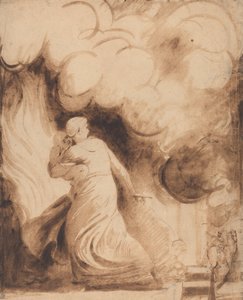 Een moeder met haar kind in haar armen vliegend op de wallen van een stad in vlammen (Lady Hamilton als "Andromache" die ontsnapt uit de brand van Troje; Het vuur) door George Romney