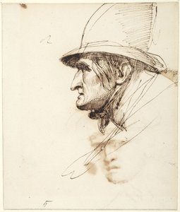 Hoofd van een man in profiel met een grote hoed op door George Romney