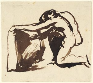 Een naakte figuur die op één knie zit en op een grote tablet schrijft door George Romney