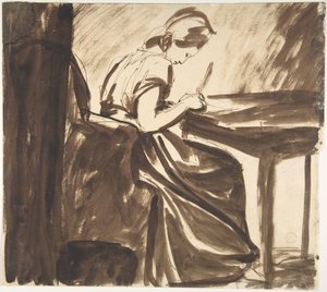 Dame zittend aan een tafel (voorkant); Dansende figuren (achterkant) door George Romney