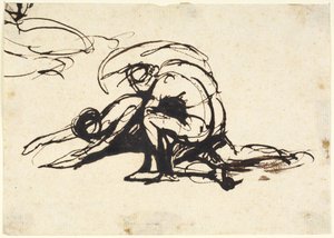 Naaktfiguur die vooroverbuigt boven een gevallen figuur door George Romney