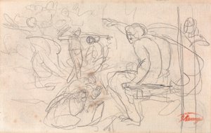 Mogelijk zittende figuur die een vonnis uitspreekt over een geknielde figuur door George Romney