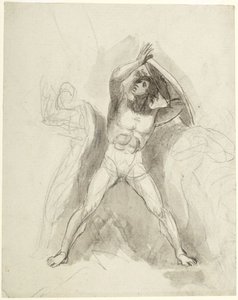Staand mannelijk naakt met schild door George Romney