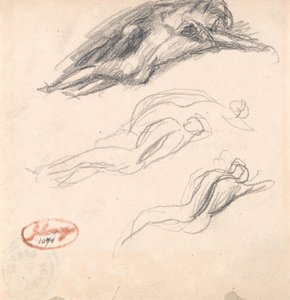 Drie schetsen van een slapende figuur, waarschijnlijk Adam en Eva voor "Satan Discovered at the Ear of Eve". door George Romney