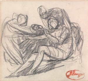 Twee figuren helpen een zittende figuur door George Romney