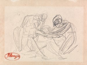 Twee knielende figuren voor een zittende figuur door George Romney
