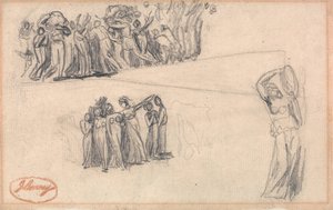 Twee schetsen van vluchtende vrouwen en kinderen en een staande vrouwelijke figuur die tamboerijn speelt zoals voor Lady Anne Leveson in "Dancing Gower Children". door George Romney