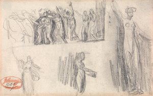 Vluchtende vrouwen en kinderen en drie schetsen van een staande vrouwenfiguur door George Romney