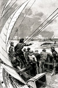 Op zee richting de Pool: de bemanning van een schip (zeilboot) ziet een groep walvissen. Illustratie van de roman door Jules Verne (1828-1905) 