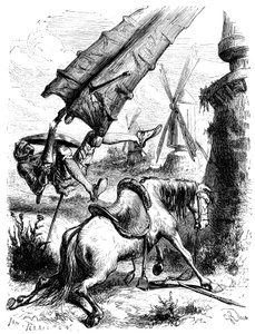 Strijd tegen de molens: Don Quichot en Rossinante worden op de grond gegooid door de vleugel van een molen