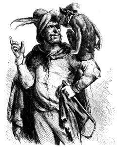 Illustratie door George Roux (1853-1929) voor de Don Quichot van Cervantes: Meester Peter en zijn aap - de aap in de literatuur - door George Roux