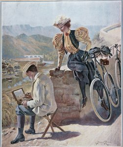Aquarel en fietsen - lithografie door Georges Roux, circa 1900 door George Roux