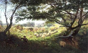 Een herdersjongen en kudde schapen door George Shalders