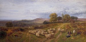 Uitgestrekt landschap met een herder en zijn kudde schapen, Surrey