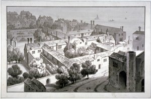 Vogelvlucht van het paleis van de bisschop van Winchester, Southwark, Londen, ca. 1820 door George Shepherd