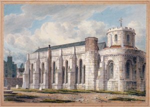 Uitzicht op Temple Church vanaf het kerkhof, City of London, 1811