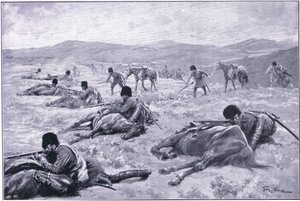 Een Kozak en zijn paard: een middel om dekking te zoeken tijdens een schermutseling, illustratie uit Cassells History of the Russo-Japanese War Vol 1, ca. 1900 door George Soper