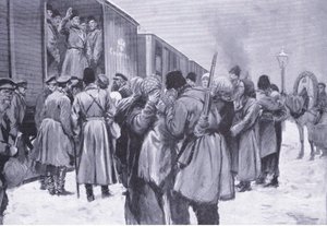Vertrek van Russische troepen naar het Verre Oosten, illustratie uit Cassells History of the Russo-Japanese War Vol 1, ca. 1900 door George Soper