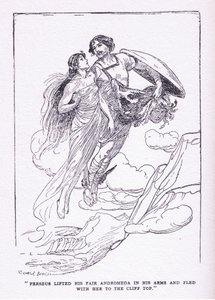 Perseus tilde zijn mooie Andromeda in zijn armen en vluchtte met haar naar de kliftoppen, uit The Heroes gepubliceerd door George Allen en Unwin 1929