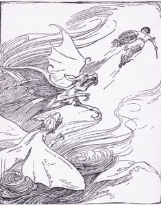 Perseus bloed liep koud voor al zijn moed toen hij hen zag komen huilen op zijn spoor, uit The Heroes gepubliceerd door George Allen en Unwin 1929