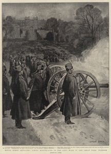 Koninklijke Rijdende Artillerie die minuutkanonnen afvuurt in de Lange Wandelgang in het Grote Park, Windsor door George Soper