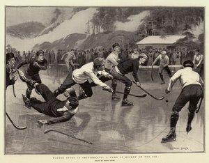 Wintersport in Zwitserland, een hockeyspel op het ijs