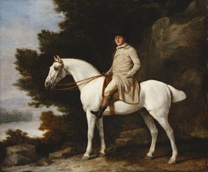 Een heer op een grijs paard in een rotsachtig bebost landschap, 1781 door George Stubbs