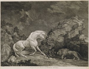 Een paard geschrokken door een leeuw, gegraveerd door de kunstenaar