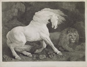 Een paard geschrokken door een leeuw, gegraveerd door de kunstenaar, gepubliceerd 1788 door George Stubbs
