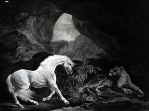 Een paard opgeschrikt door een leeuwin, gegraveerd door Benjamin Green, 1774