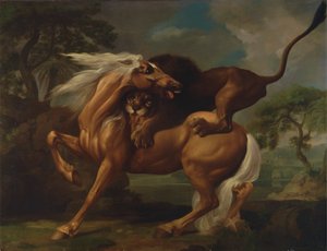 Een leeuw die een paard aanvalt