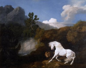 Paard geschrokken van leeuw door George Stubbs
